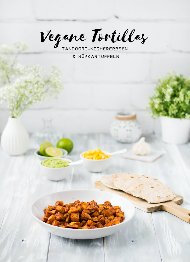 Vegane Vollkorn Tortillas glutenfrei mit Tandoori Kichererbsen und Süßkartoffeln Ofen