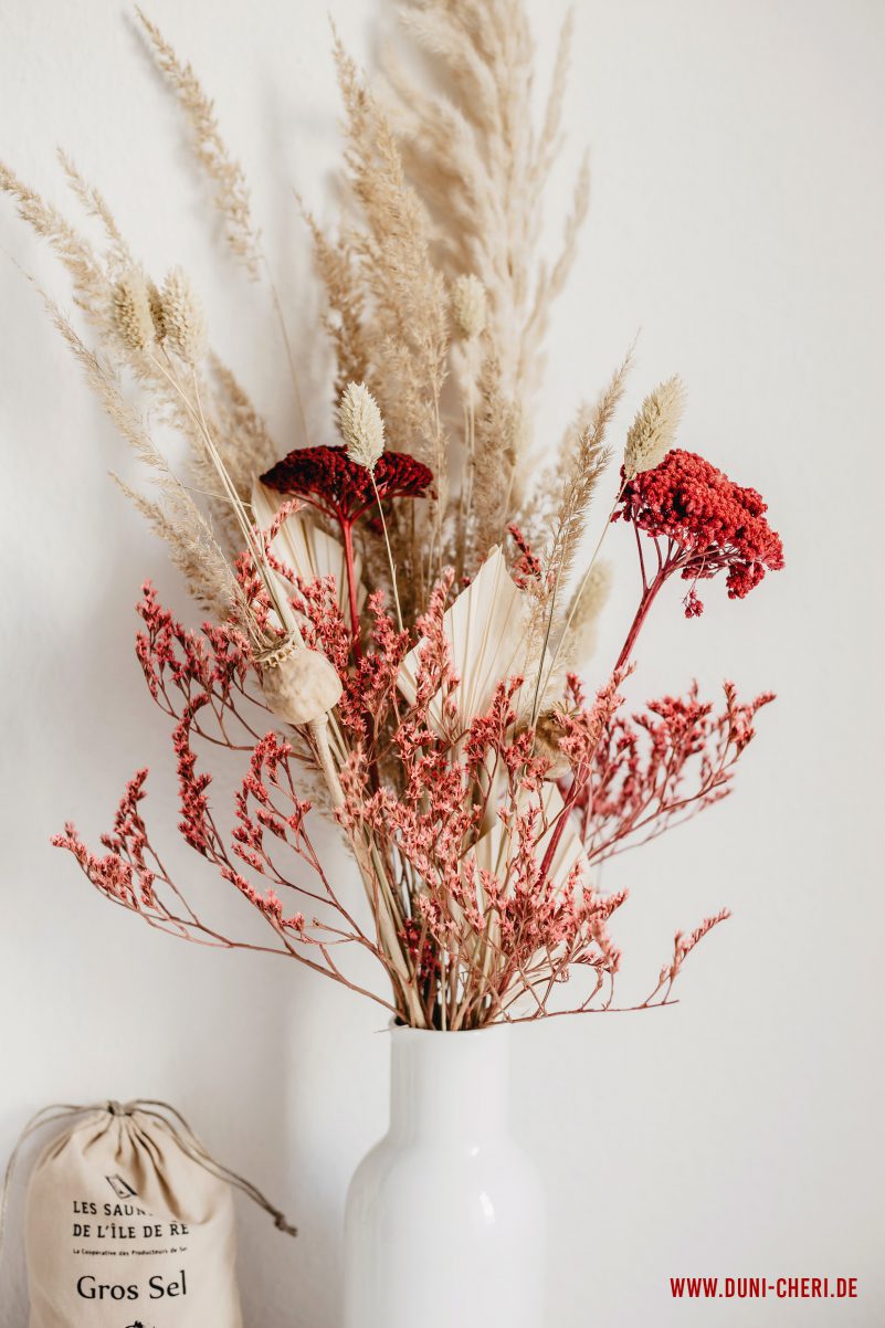 getrocknete blumen gesteck vase rot natur